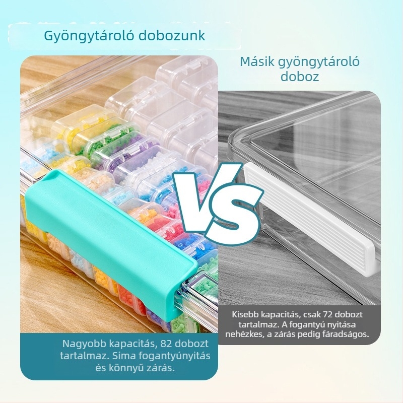 DIY gyöngy tároló doboz fedővel, átlátszó, nagy kapacitású, 82 rekesz