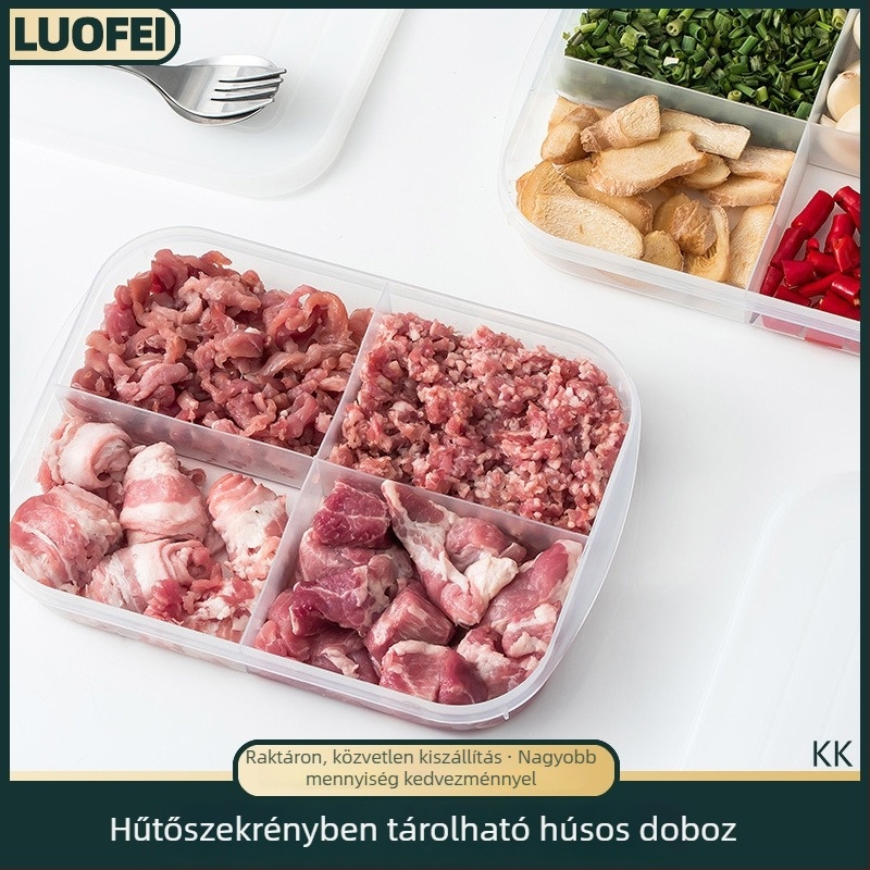 Négyrekeszes frissességmegőrző doboz pácolt ételekhez, húsdarabokhoz és ízesítőkhöz (zöldhagyma és gyömbér)