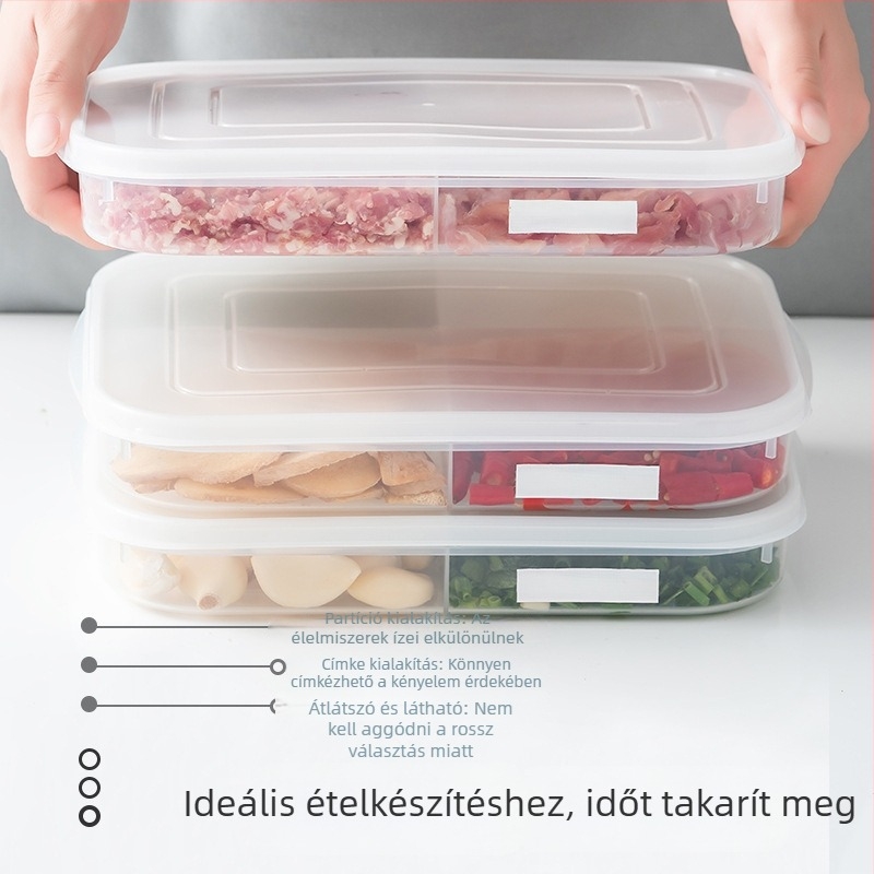 Négyrekeszes frissességmegőrző doboz pácolt ételekhez, húsdarabokhoz és ízesítőkhöz (zöldhagyma és gyömbér)