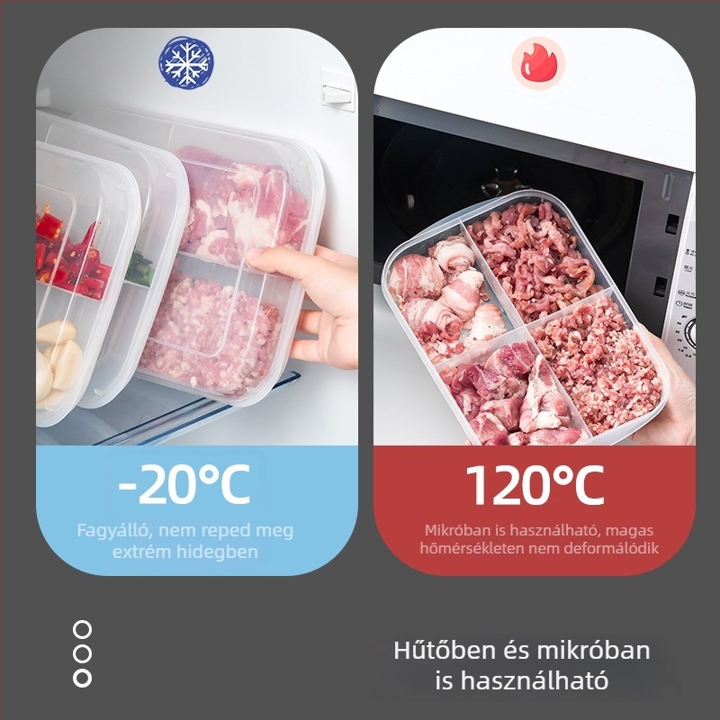 Négyrekeszes frissességmegőrző doboz pácolt ételekhez, húsdarabokhoz és ízesítőkhöz (zöldhagyma és gyömbér)