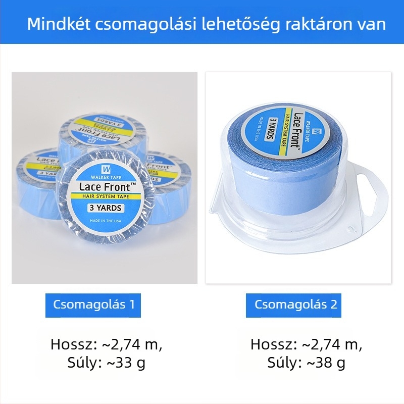 Parókához való csipkés elülső ragasztószalag, kék, kétoldalas, 2.54×3
