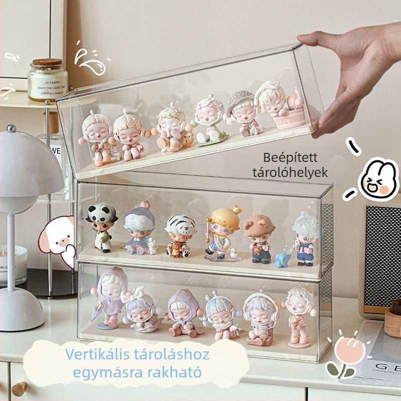 Akril figuratároló, átlátszó vitrindisplay fedéllel – porálló és rakható