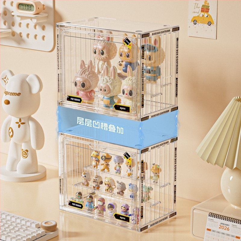 Átlátszó akril kiállító doboz blind box-hoz, fedéllel, egymásra tehető tároló figurák számára