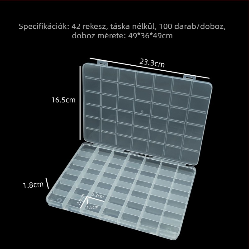 Átlátszó PP tároló doboz 42 rekesszel, fix rekeszekkel, méretei 23.3 × 16.5 × 1.8 cm, gombok, horgászfelszerelés, gyöngyök és ékszer alkatrészek számára