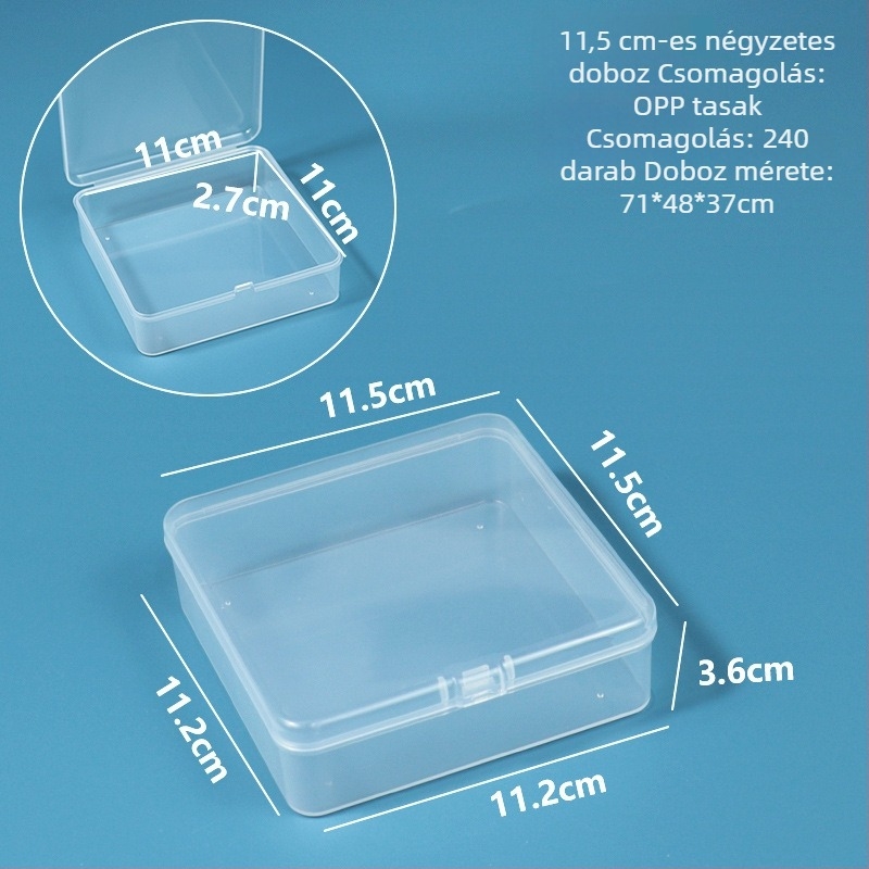 Négyzet alakú átlátszó tároló doboz ékszerek és gyöngyök számára – PP műanyag tároló doboz fedéllel, méretei 11,5×11,5×3,6 cm