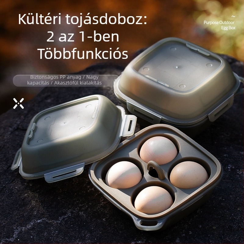 Kültéri 2-in-1 tojás-tartó doboz, hordozható, többfunkciós akasztóval, szilikon zárással, ütésálló