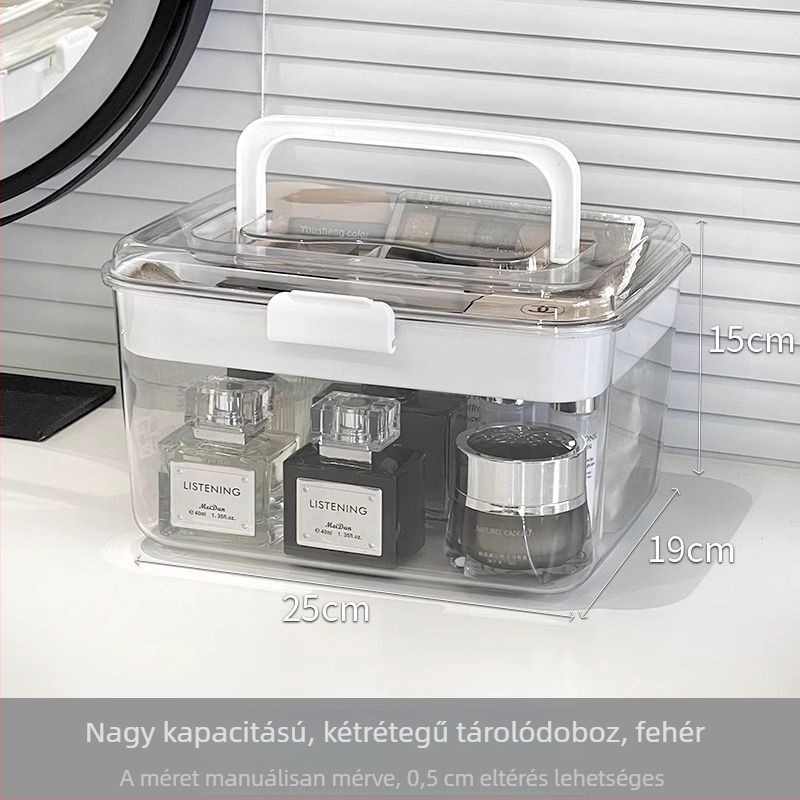 Nagy kapacitású asztali kozmetikai tároló, átlátszó akrilból, fedéllel, kétszintes