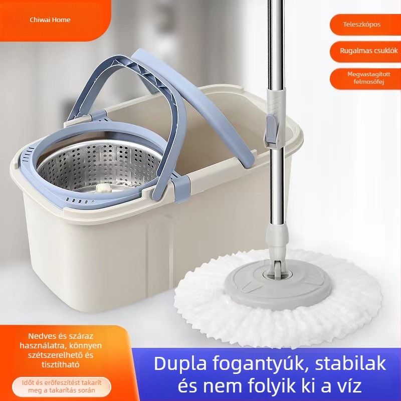 Kétfogantyús négyszögletes forgó mopvödör, érintés nélküli kinyomás rendszerrel, spin-dry rendszer, mikroszálas mopfej