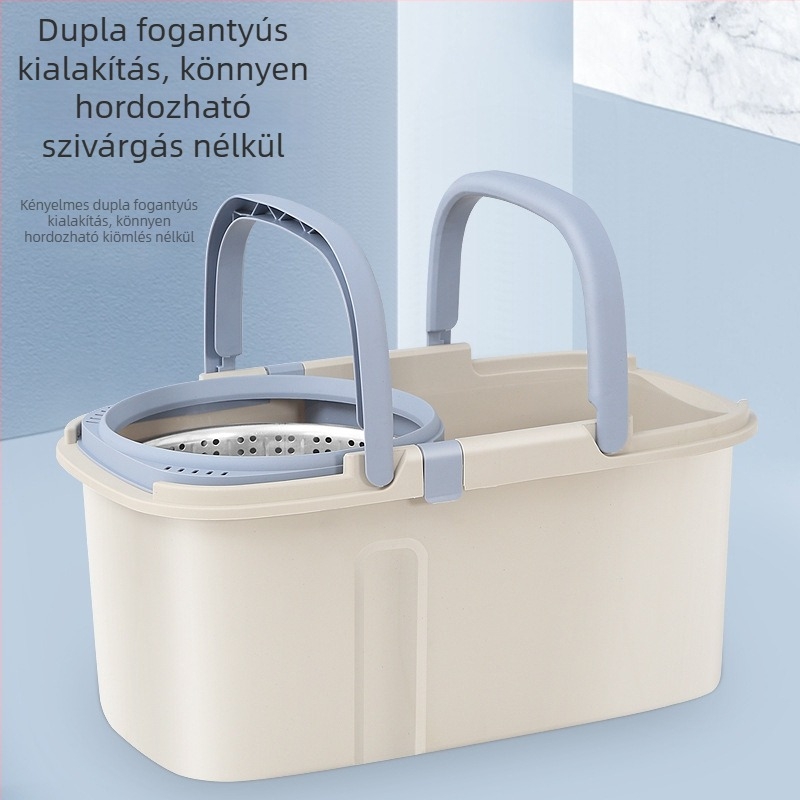 Kétfogantyús négyszögletes forgó mopvödör, érintés nélküli kinyomás rendszerrel, spin-dry rendszer, mikroszálas mopfej