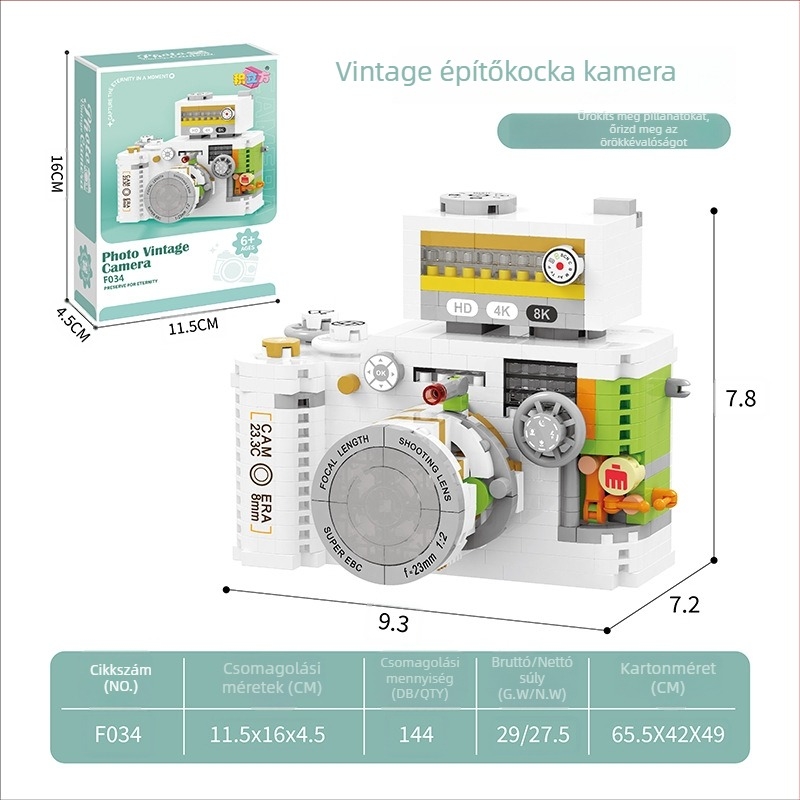 Vintage kamera építőblokkokból – oktatási összeszerelési modell és dekorációs ajándék
