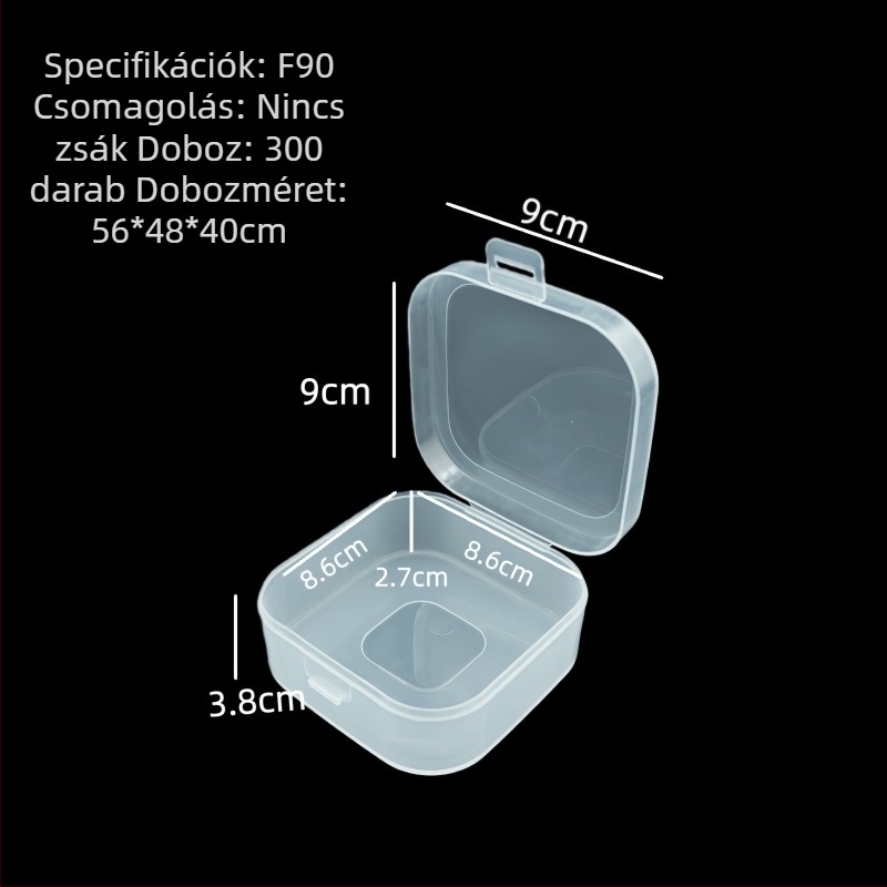 F90 Átlátszó, négyzet alakú műanyag doboz apró alkatrészekhez – tároló ékszerhez, LEGO-darabokhoz és gyöngyökhöz, méretei 9×9×3,8 cm