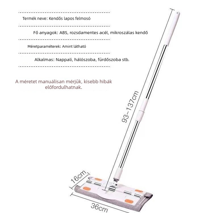 Nagy síkfelületű mop cserélhető mikroszálas kendővel, csipesz-stílusú, strapabíró.