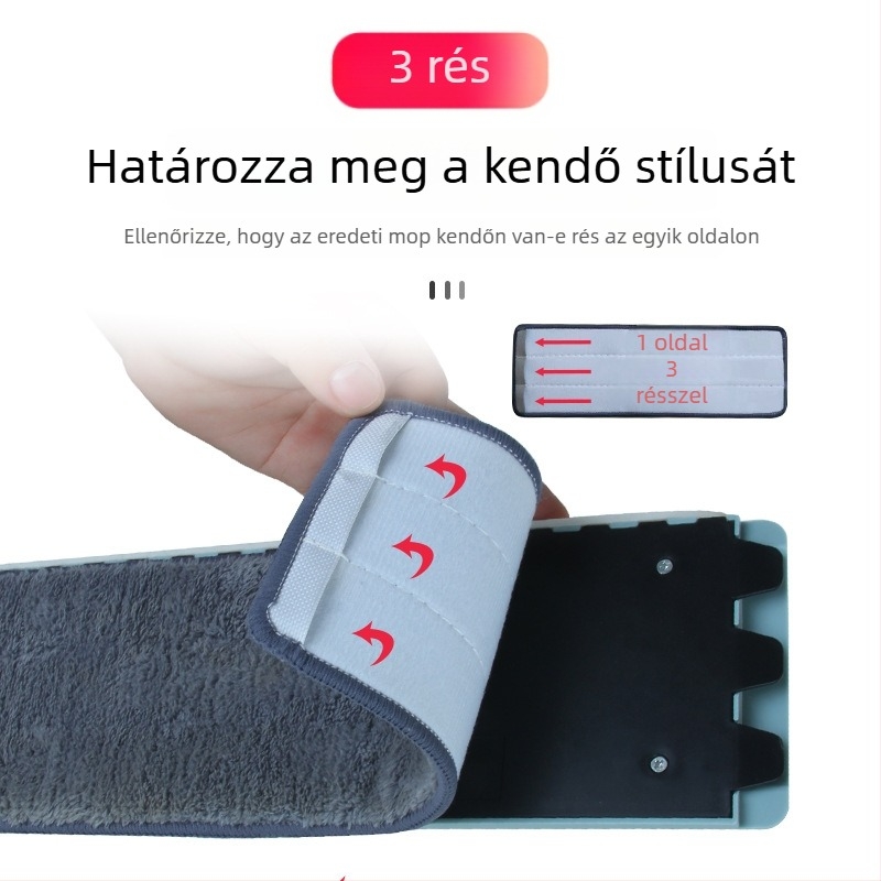 Lapos mop cserekendő zsebbel és öntapadó csíkkal, nedves és száraz kettős használat, kéz nélkül használható, raktáron