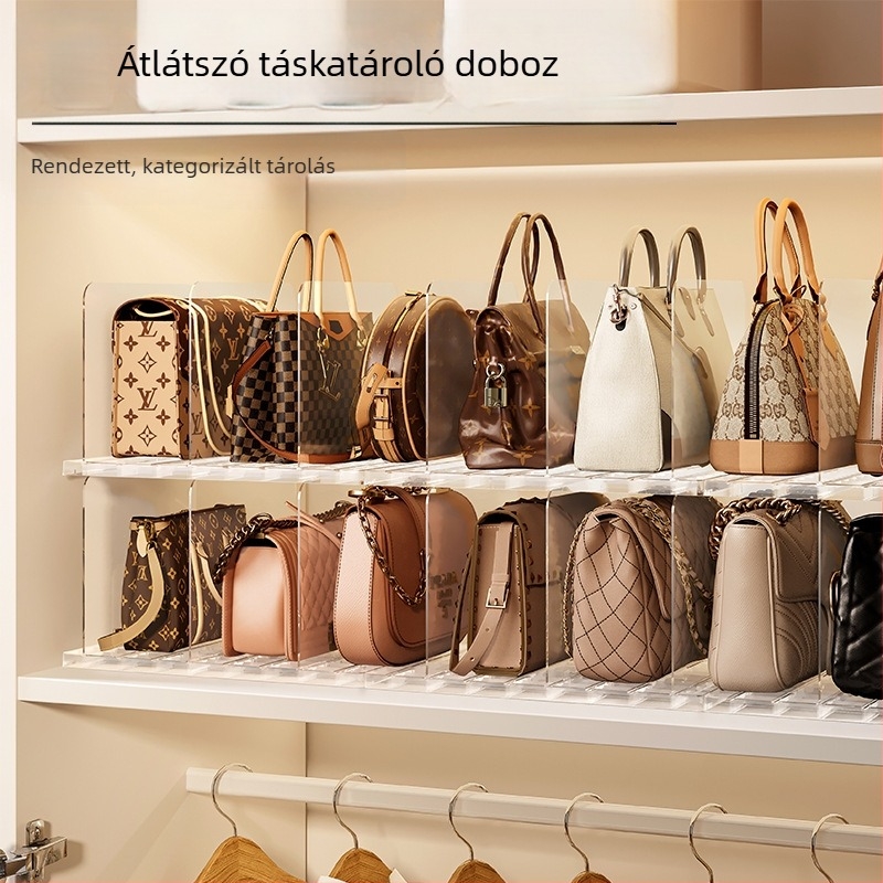 Táskák rendezője osztókkal, stackelhető tároló doboz táskákhoz, PET műanyag