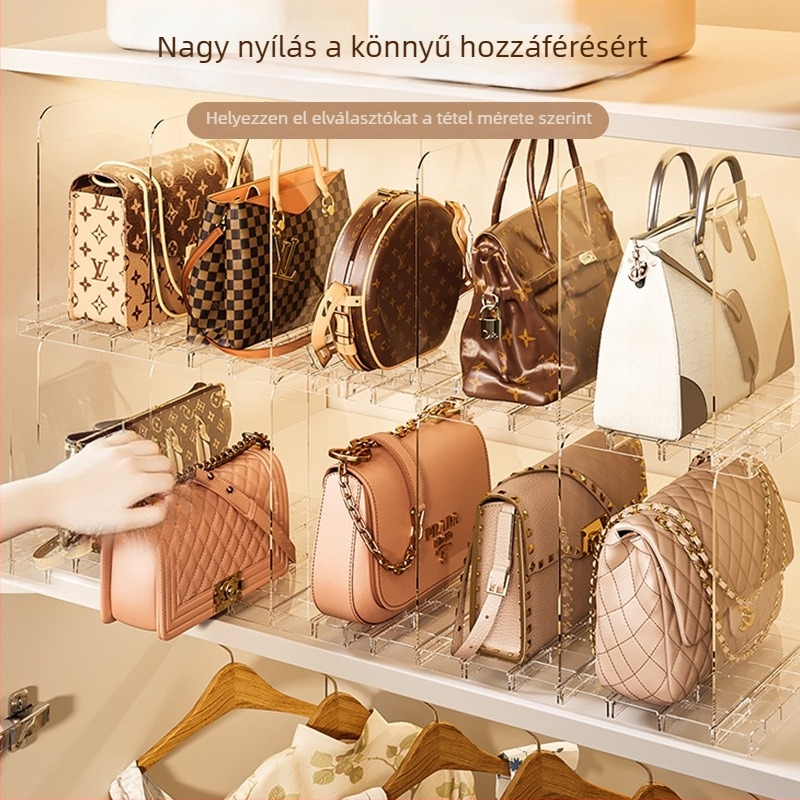 Táskák rendezője osztókkal, stackelhető tároló doboz táskákhoz, PET műanyag