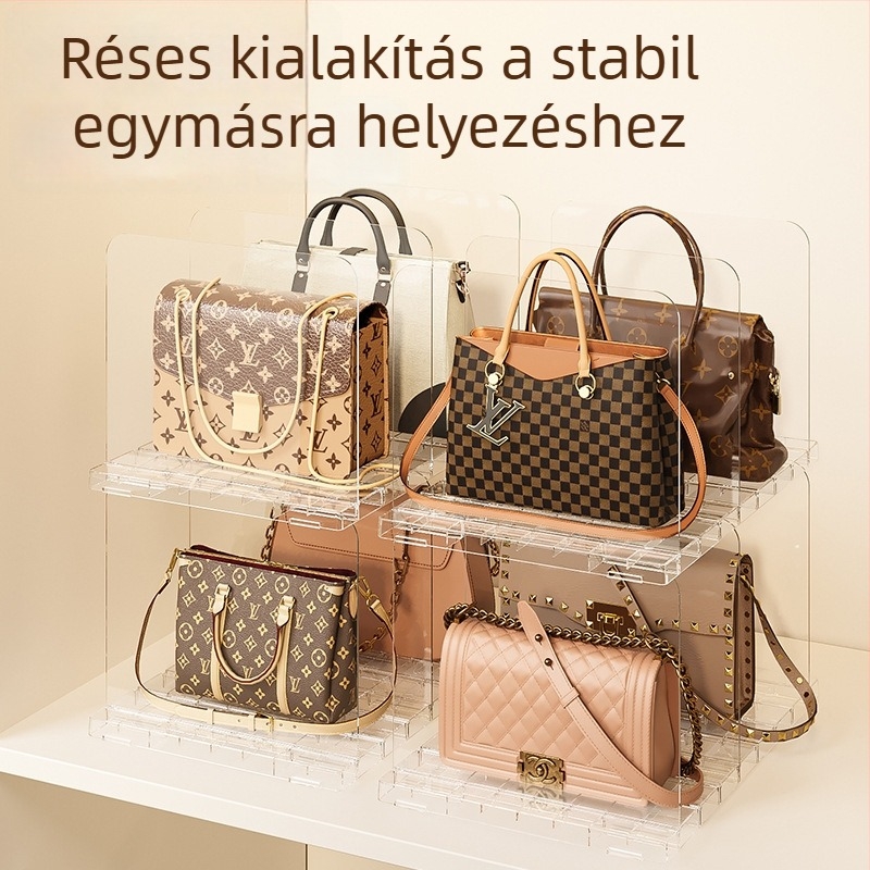 Táskák rendezője osztókkal, stackelhető tároló doboz táskákhoz, PET műanyag