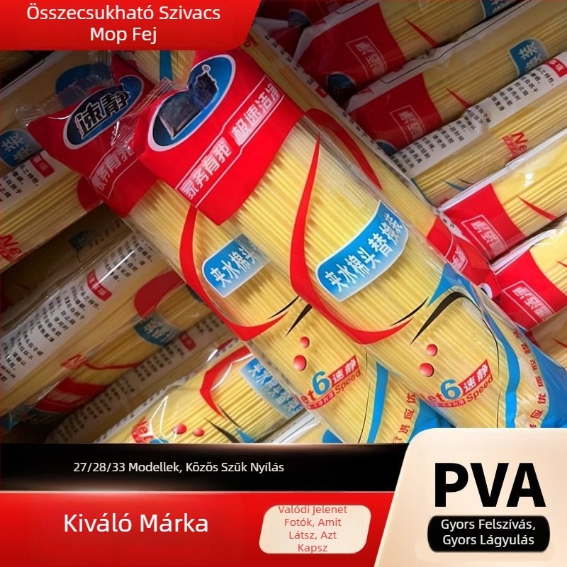 PVA pamut mopfej, gyorsan puhító, félbehajtásos kinyomó kialakítás, keskeny nyílás, 28 cm / 33 cm, cserélhető fej