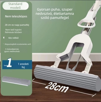 Szivacsmop fej 28 cm, rozsdamentes acél rúddal, összecsukható kifacsaró mechanizmussal, PVA szivacs.