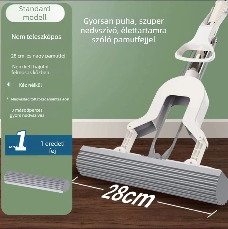 Szivacsmop fej 28 cm, rozsdamentes acél rúddal, összecsukható kifacsaró mechanizmussal, PVA szivacs.