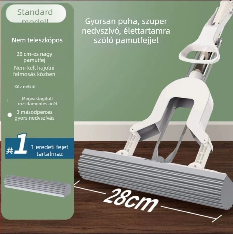 Szivacsmop fej 28 cm, rozsdamentes acél rúddal, összecsukható kifacsaró mechanizmussal, PVA szivacs.