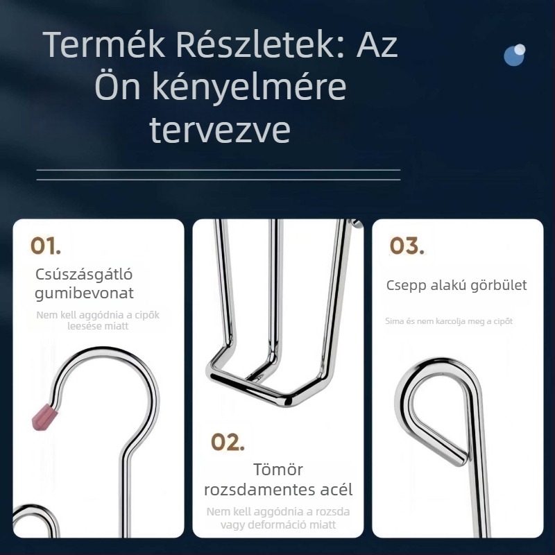 Vastított rozsdamentes acél cipő- és ruhaszárító polc, 304 rozsdamentes acél, fix kivitel