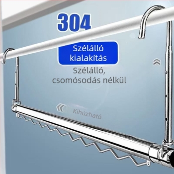 Kihúzható ruhaszárító rúd rozsdamentes acélból, szélvédő csíkkal, beltéri erkélyre – vastított, megerősített, fúrás nélkül