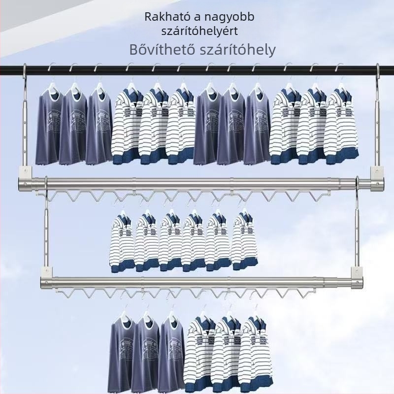 Kihúzható ruhaszárító rúd rozsdamentes acélból, szélvédő csíkkal, beltéri erkélyre – vastított, megerősített, fúrás nélkül