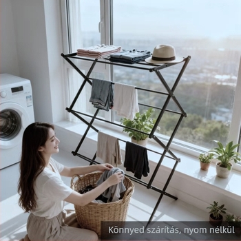Padlóra álló ruhaszárító, összecsukható, hat emeletes, vasból készült, fekete