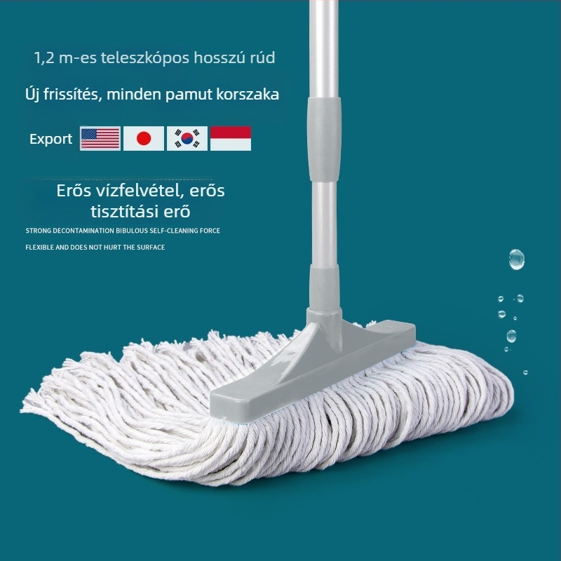 Háztartási mop teleszkópos nyéllel és pamutfonalból készült, kiváló nedvszívó képesség, szalag alakú pamutfonalú mop