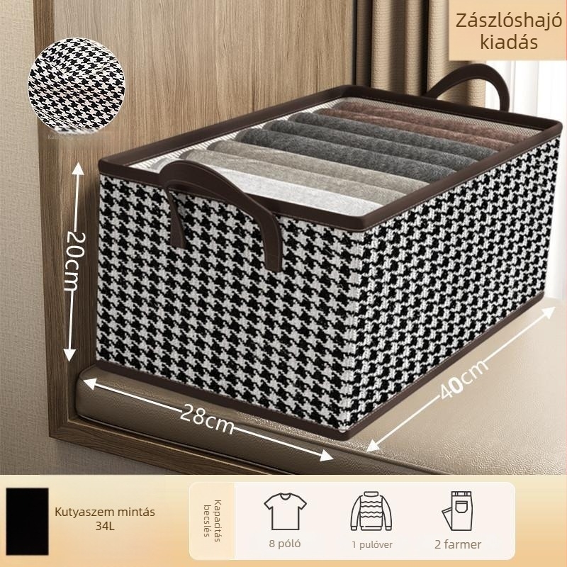 Houndstooth ruhatároló doboz, nagy kapacitású, otthoni rendszerező fiókos kialakítással, nem szövött anyagból