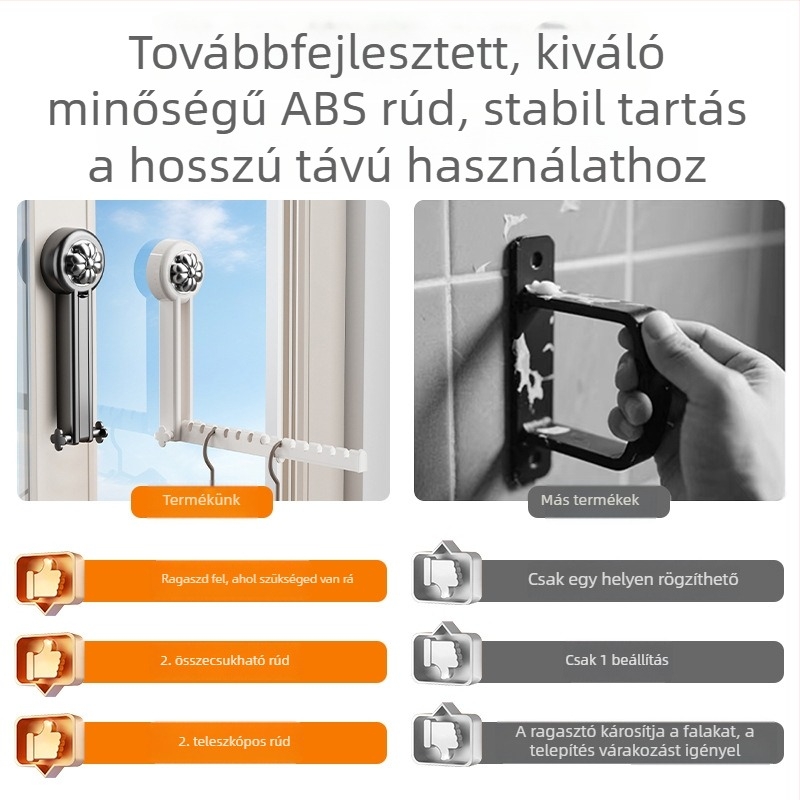 Összehajtható ruhaszárító vákuumos csészékkel beltéri erkélyre — láthatatlan visszahúzható ruhásor, fúrás nélkül a bay ablakhoz