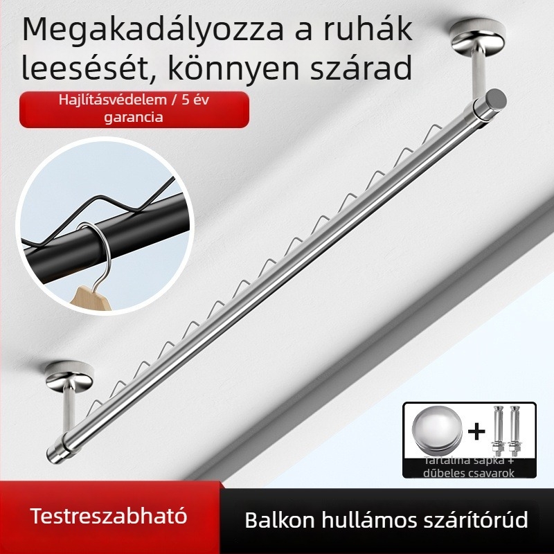 Rozsdamentes acélból készült szélvédett ruhaszárító rúd erkélyre, mennyezeti szerelés, fix, hullám mintázatú, egykaros