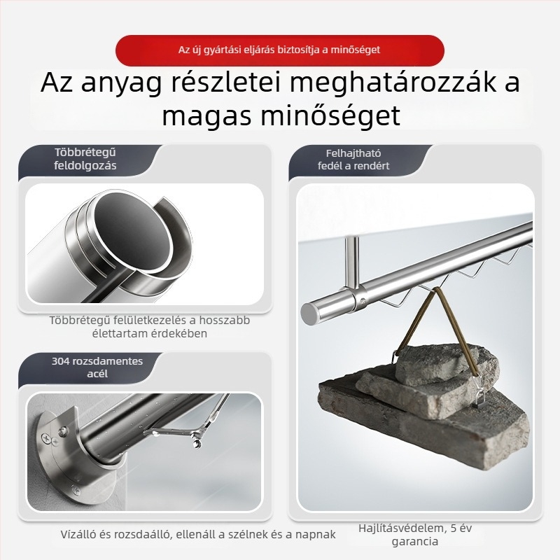 Rozsdamentes acélból készült szélvédett ruhaszárító rúd erkélyre, mennyezeti szerelés, fix, hullám mintázatú, egykaros