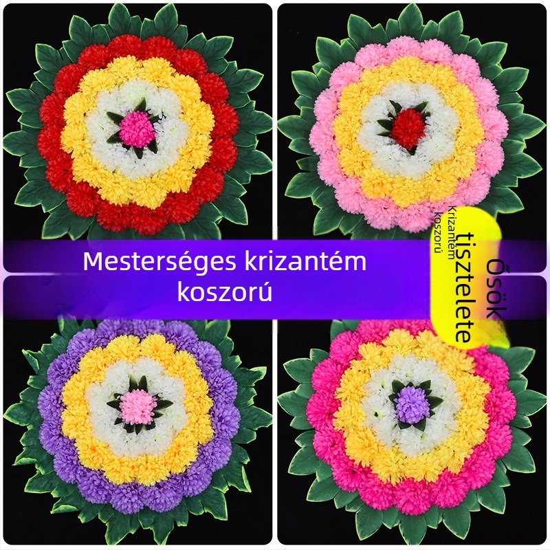 Mesterséges krizantém virágfüzér sírhely-dekorációhoz