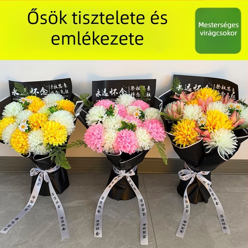 Mesterséges krizantém virágfüzér sírhely-dekorációhoz