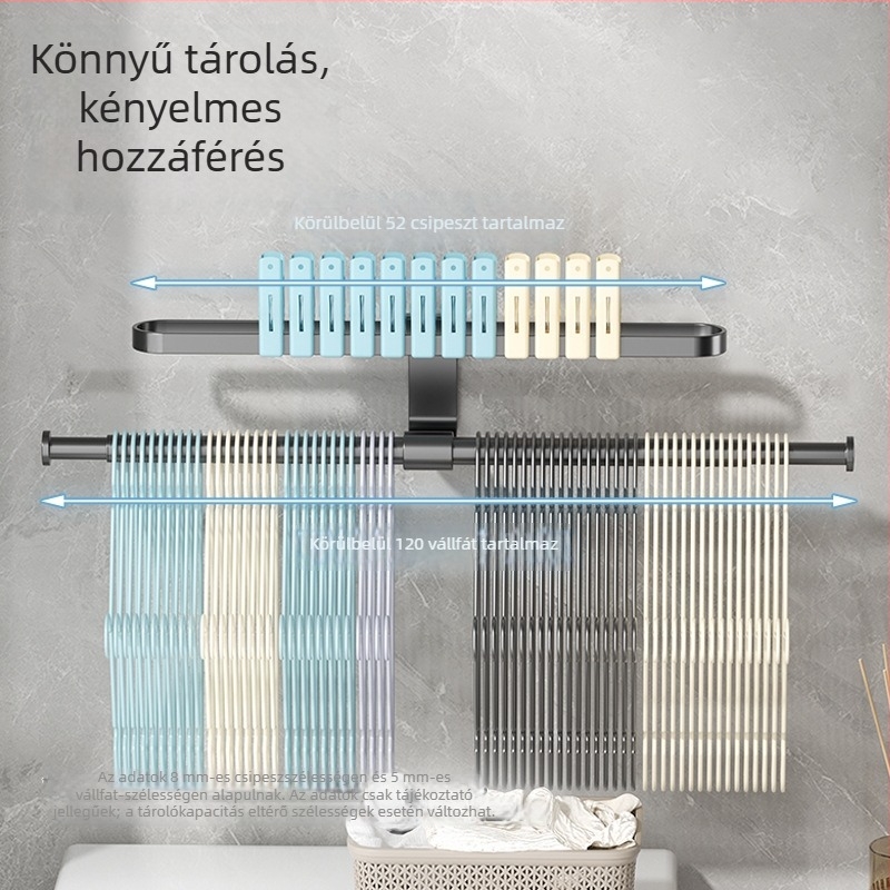 Fali ruhatár rendező csipeszekkel, fúrás nélkül, helytakarékos, többfunkciós rúd erkélyre