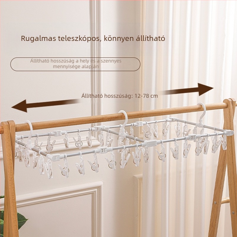Összecsukható ruhaszárító, több csiptetővel, többfunkciós ruhaszárító tartó zoknik és fehérneműk számára, erkélyre, modell HL11010