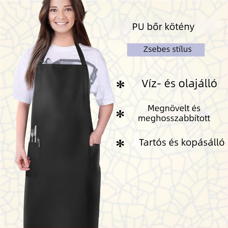 PU bőr kötény zsebbel, vízálló és olajálló, kopásálló, hosszított fazon tengeri termékek feldolgozásához