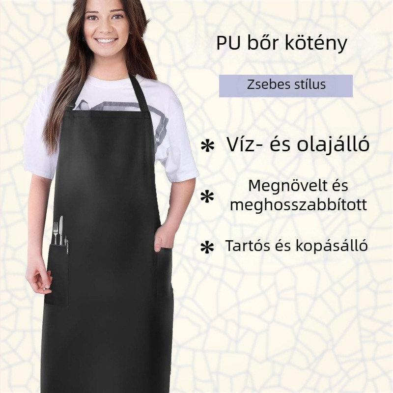 PU bőr kötény zsebbel, vízálló és olajálló, kopásálló, hosszított fazon tengeri termékek feldolgozásához