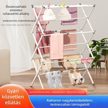 Padló álló összecsukható ruhaszárító állvány, kihúzható és teleszkópos, telepítés nélkül, három szintes