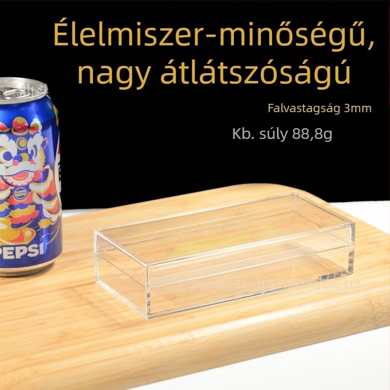 Élelmiszer-minőségű, átlátszó műanyag doboz, keskeny, hosszúkás forma, asztali tároláshoz és ajándékcsomagoláshoz, vastag falú