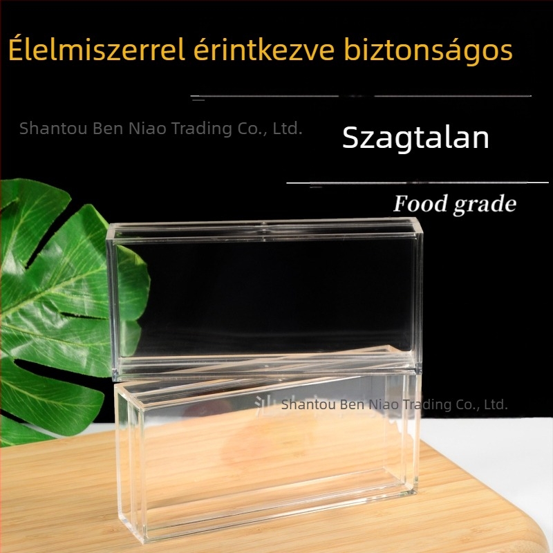 Élelmiszer-minőségű, átlátszó műanyag doboz, keskeny, hosszúkás forma, asztali tároláshoz és ajándékcsomagoláshoz, vastag falú