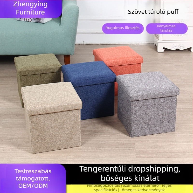 Textil tároló szék, téglalap alakú ülőfelülettel és cipőcserére szolgáló tároló résszel, négyzetes formájú, otthoni használatra