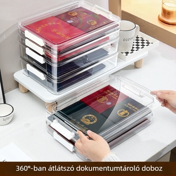 Átlátszó, téglalap alakú iratgyűjtő doboz fedéllel és fiókkal, asztali irodai tároló