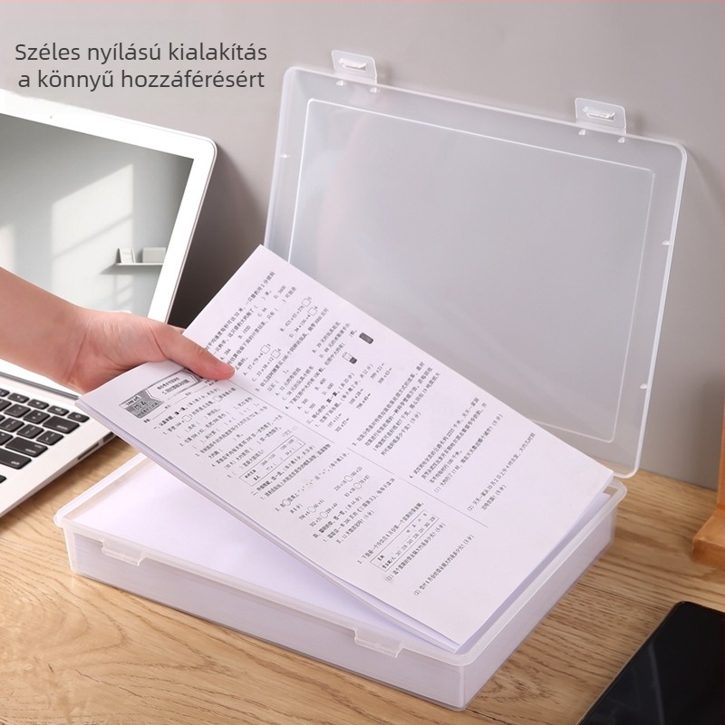 Átlátszó, téglalap alakú iratgyűjtő doboz fedéllel és fiókkal, asztali irodai tároló