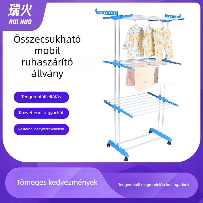 Padlón álló törölköző- és ruhaszárító állvány, összecsukható, szárny alakú, fürdőszobába és babapelenka tárolására