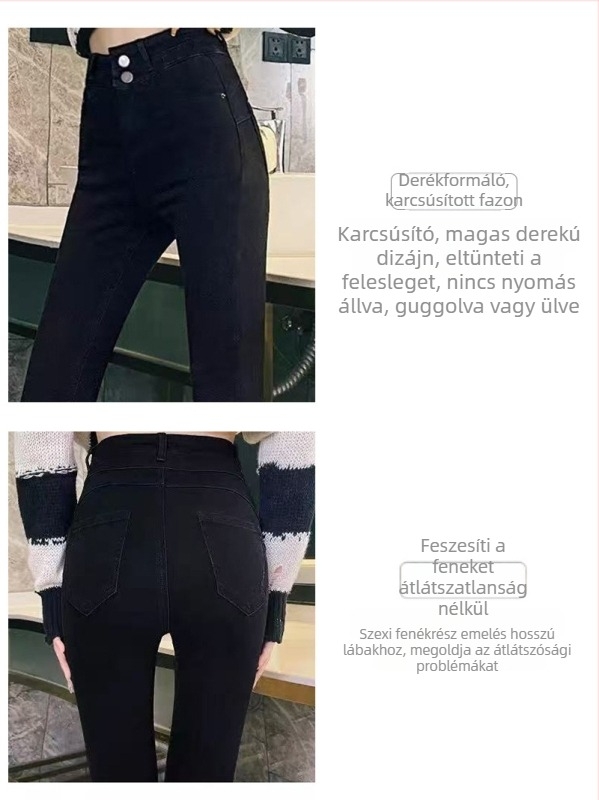Új fekete magas derekú női farmernadrág, szűk fazon, koreai stílus