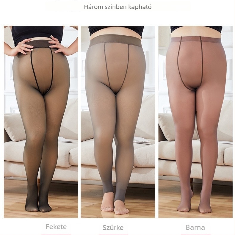 Fekete átlátszó harisnyanadrág, nude érzetű, fleece-béléses belsővel őszi-téli szezonra, plusz méret nőknek