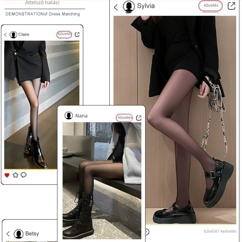 Fekete átlátszó harisnyanadrág, nude érzetű, fleece-béléses belsővel őszi-téli szezonra, plusz méret nőknek