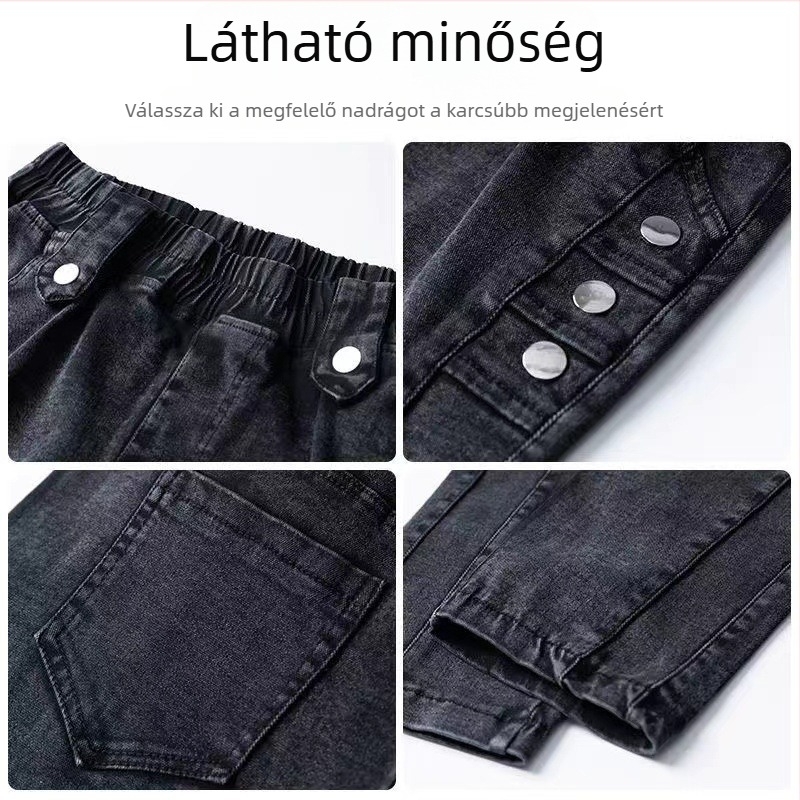 Női magas derekú, elasztikus denimnadrág, tavasz-nyár 2026, karcsúsított fazon, sokoldalú, meleg, elasztikus derék, velúr béléssel.